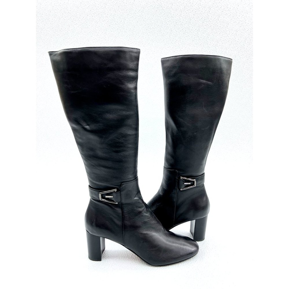 Aquatalia Women Riding Boots Leather Fashion Tall Boots Side Buckle Black 10 New